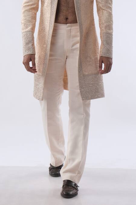 Shop_Kommal Sood_Peach Silk And Embroidery Front Open Sherwani With Trouser  _Online_at_Aza_Fashions