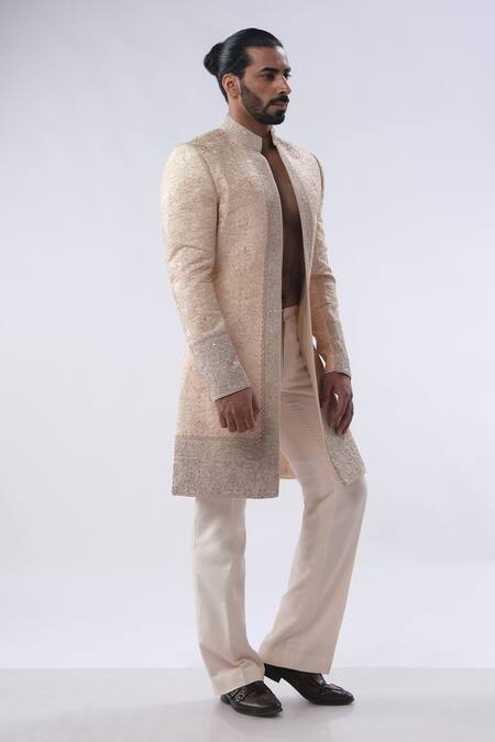 Shop_Kommal Sood_Peach Silk And Embroidery Front Open Sherwani With Trouser  