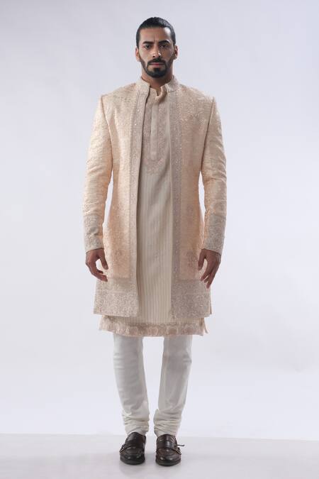 Kommal Sood Peach Cotton Silk And Chanderi Embroidery Floral Sherwani Trouser Set Online at Aza Fashions Kommal Sood_Peach Cotton Silk And Chanderi Embroidery Floral Sherwani Trouser Set _Online_at_Aza_Fashions