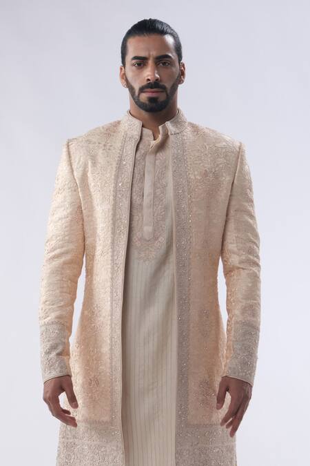 Buy Kommal Sood Peach Cotton Silk And Chanderi Embroidery Floral Sherwani Trouser Set Online at Aza Fashions Buy_Kommal Sood_Peach Cotton Silk And Chanderi Embroidery Floral Sherwani Trouser Set _Online_at_Aza_Fashions