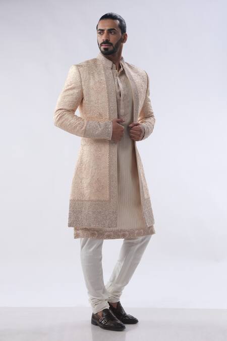 Shop Kommal Sood Peach Cotton Silk And Chanderi Embroidery Floral Sherwani Trouser Set Online at Aza Fashions Shop_Kommal Sood_Peach Cotton Silk And Chanderi Embroidery Floral Sherwani Trouser Set _Online_at_Aza_Fashions