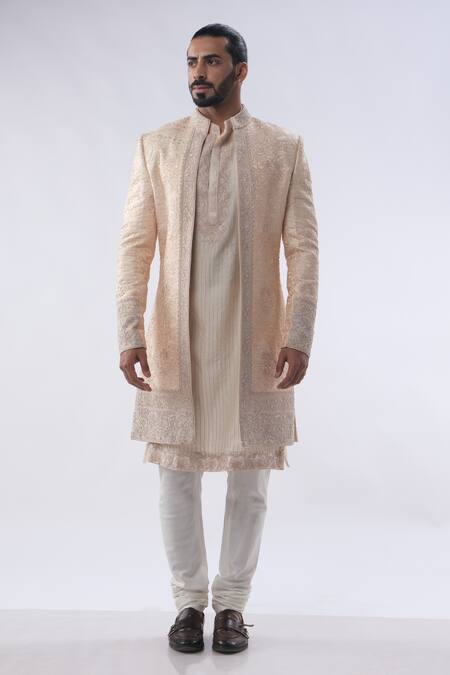 Kommal Sood Peach Cotton Silk And Chanderi Embroidery Floral Sherwani Trouser Set at Aza Fashions Kommal Sood_Peach Cotton Silk And Chanderi Embroidery Floral Sherwani Trouser Set _at_Aza_Fashions