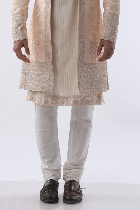 Buy Kommal Sood Peach Cotton Silk And Chanderi Embroidery Floral Sherwani Trouser Set Buy_Kommal Sood_Peach Cotton Silk And Chanderi Embroidery Floral Sherwani Trouser Set