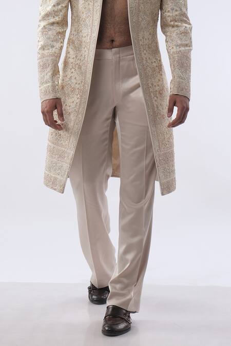 Shop Kommal Sood Beige Cotton Silk And Satin Embroidery Cutdana Moti Sherwani With Trouser Online at Aza Fashions Shop_Kommal Sood_Beige Cotton Silk And Satin Embroidery Cutdana Moti Sherwani With Trouser _Online_at_Aza_Fashions