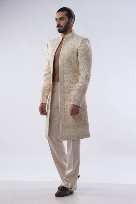 Kommal Sood Beige Cotton Silk And Satin Embroidery Cutdana Moti Sherwani With Trouser at Aza Fashions Kommal Sood_Beige Cotton Silk And Satin Embroidery Cutdana Moti Sherwani With Trouser _at_Aza_Fashions