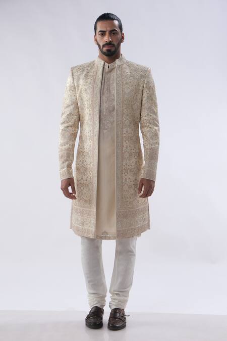 Kommal Sood_Beige Cotton Silk And Chanderi Cutdana Moti Sherwani Churidar Set  _Online_at_Aza_Fashions