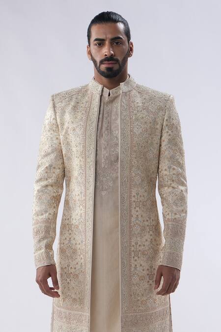 Buy_Kommal Sood_Beige Cotton Silk And Chanderi Cutdana Moti Sherwani Churidar Set  _Online_at_Aza_Fashions