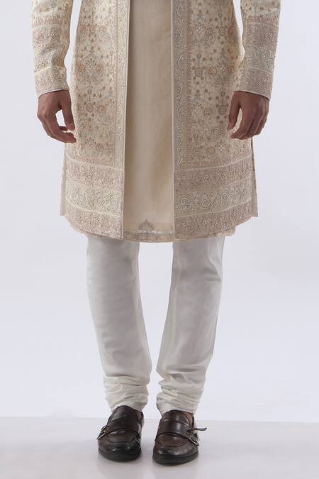 Shop_Kommal Sood_Beige Cotton Silk And Chanderi Cutdana Moti Sherwani Churidar Set  _Online_at_Aza_Fashions