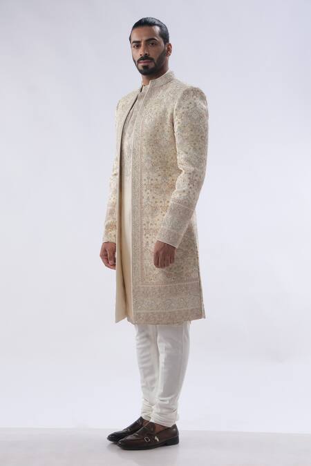 Kommal Sood_Beige Cotton Silk And Chanderi Cutdana Moti Sherwani Churidar Set  _at_Aza_Fashions