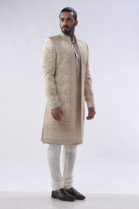 Buy_Kommal Sood_Beige Cotton Silk And Chanderi Cutdana Moti Sherwani Churidar Set  