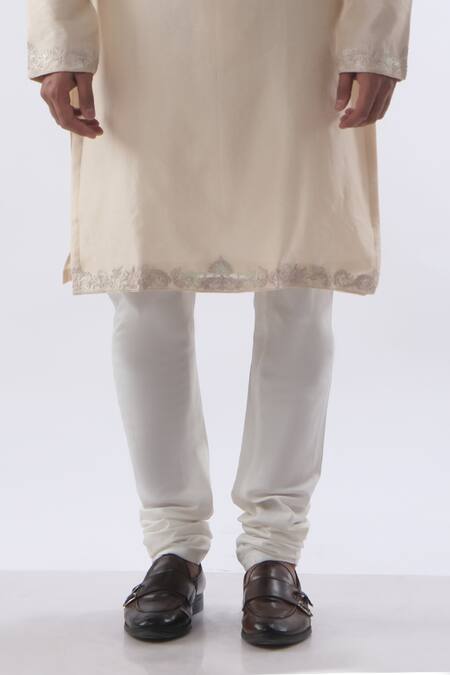 Kommal Sood Beige Cotton, Chanderi Sequins, Flower Embroidered Placket Kurta With Churidar Online at Aza Fashions Kommal Sood_Beige Cotton, Chanderi Sequins, Flower Embroidered Placket Kurta With Churidar _Online_at_Aza_Fashions