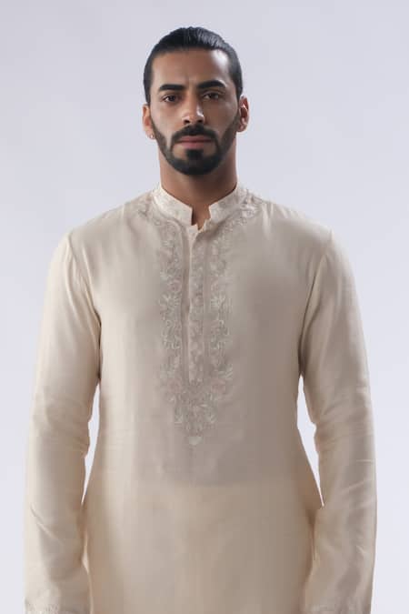 Buy Kommal Sood Beige Cotton, Chanderi Sequins, Flower Embroidered Placket Kurta With Churidar Online at Aza Fashions Buy_Kommal Sood_Beige Cotton, Chanderi Sequins, Flower Embroidered Placket Kurta With Churidar _Online_at_Aza_Fashions