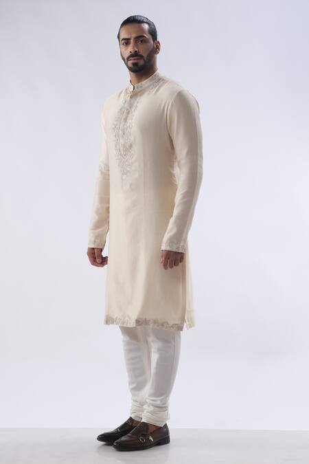 Shop Kommal Sood Beige Cotton, Chanderi Sequins, Flower Embroidered Placket Kurta With Churidar Online at Aza Fashions Shop_Kommal Sood_Beige Cotton, Chanderi Sequins, Flower Embroidered Placket Kurta With Churidar _Online_at_Aza_Fashions