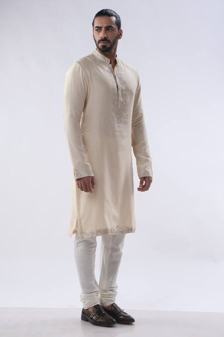 Kommal Sood Beige Cotton, Chanderi Sequins, Flower Embroidered Placket Kurta With Churidar at Aza Fashions Kommal Sood_Beige Cotton, Chanderi Sequins, Flower Embroidered Placket Kurta With Churidar _at_Aza_Fashions