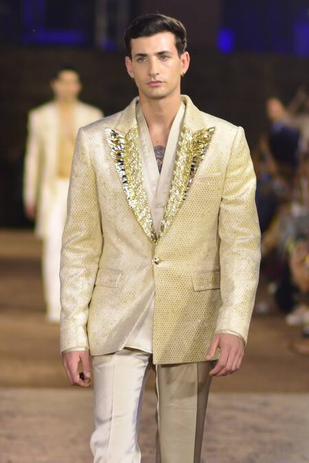 Kommal Sood_Gold Velvet And Satin Honeycomb Pattern Tuxedo Jacket Trouser Set  _Online_at_Aza_Fashions