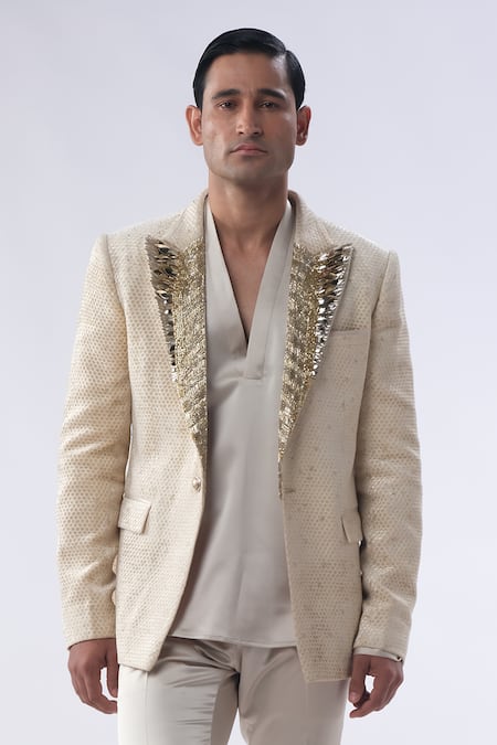 Kommal Sood_Gold Velvet And Satin Honeycomb Pattern Tuxedo Jacket Trouser Set  _at_Aza_Fashions