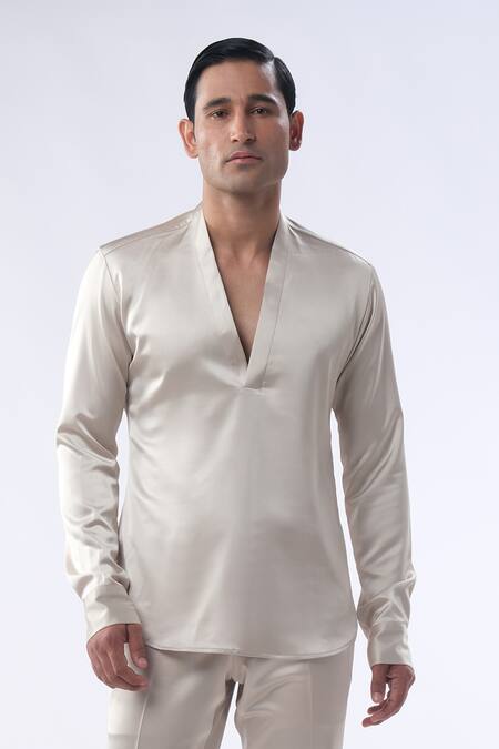 Kommal Sood_Gold Satin V Neck Kurta With Trouser _Online_at_Aza_Fashions