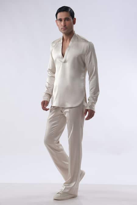 Buy_Kommal Sood_Gold Satin V Neck Kurta With Trouser _Online_at_Aza_Fashions