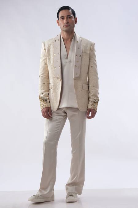 Shop_Kommal Sood_Gold Velvet And Satin Placement Hand Collar Tuxedo Jacket Trouser Set  