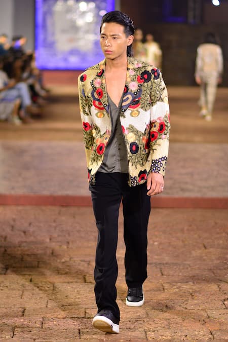 Kommal Sood_Green Organza Satin And Kupro Embroidery Bloom Bomber Jacket Trouser Set  _Online_at_Aza_Fashions