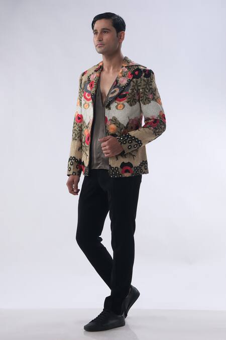 Buy_Kommal Sood_Green Organza Satin And Kupro Embroidery Bloom Bomber Jacket Trouser Set  