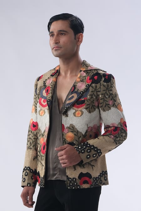 Shop_Kommal Sood_Green Organza Satin And Kupro Embroidery Bloom Bomber Jacket Trouser Set  