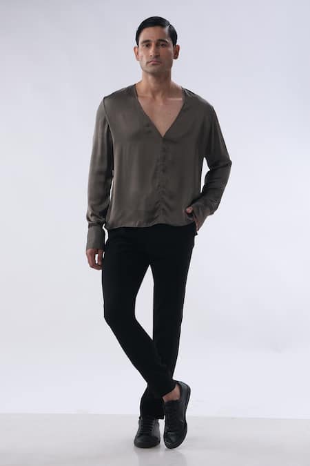 Kommal Sood Green Satin And Kupro Plain Shirt With Trouser
