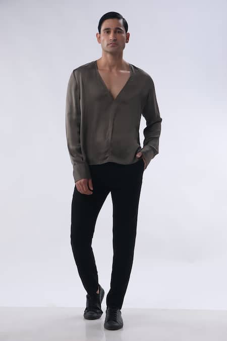 Shop_Kommal Sood_Green Satin And Kupro Plain Shirt With Trouser  _Online_at_Aza_Fashions