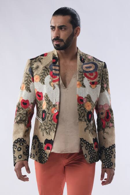 Kommal Sood_Green Organza Satin And Cotton Embroidery Floral Jacket Trouser Set  _at_Aza_Fashions