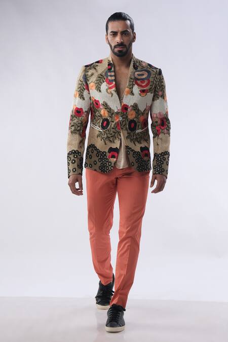 Buy_Kommal Sood_Green Organza Satin And Cotton Embroidery Floral Jacket Trouser Set  