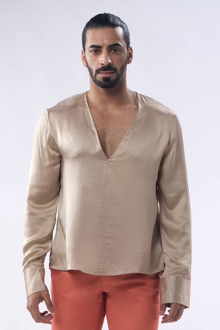 Buy_Kommal Sood_Gold Satin Plain Shirt With Contrast Trouser  _Online_at_Aza_Fashions