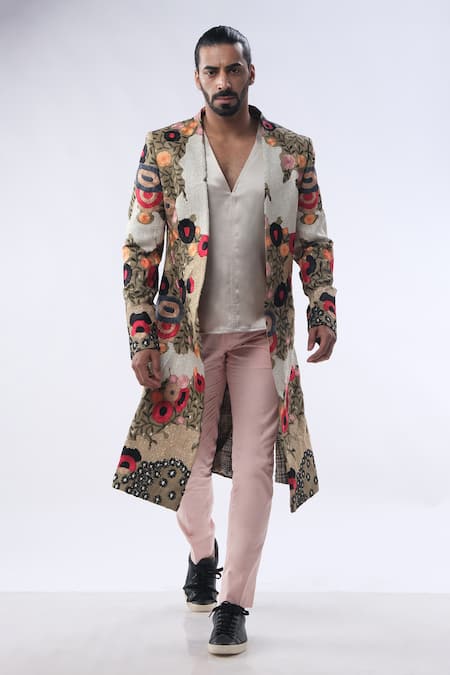 Shop_Kommal Sood_Green Organza Satin And Cotton Embroidery Contrast Jacket Trouser Set  _Online_at_Aza_Fashions