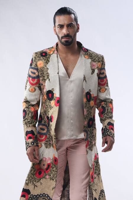 Kommal Sood_Green Organza Satin And Cotton Embroidery Contrast Jacket Trouser Set  _at_Aza_Fashions