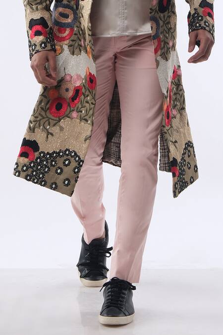 Buy_Kommal Sood_Green Organza Satin And Cotton Embroidery Contrast Jacket Trouser Set  