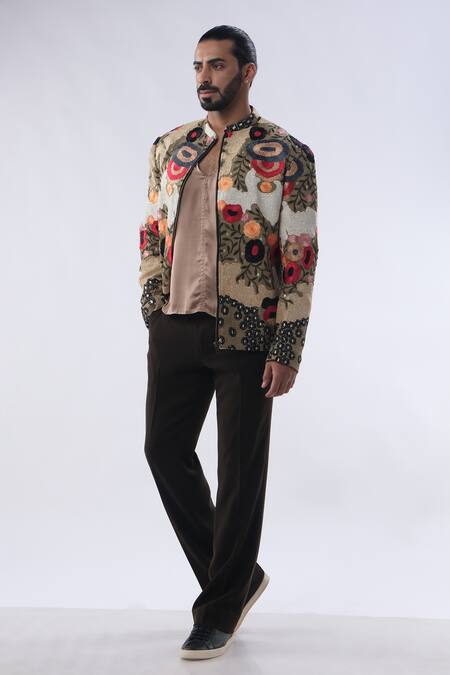 Kommal Sood_Green Organza Satin And Kupro Abstract Bomber Jacket Trouser Set  _Online_at_Aza_Fashions