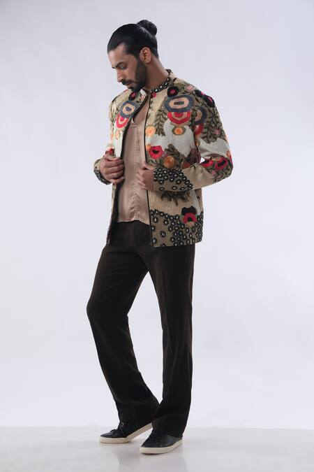 Buy_Kommal Sood_Green Organza Satin And Kupro Abstract Bomber Jacket Trouser Set  _Online_at_Aza_Fashions