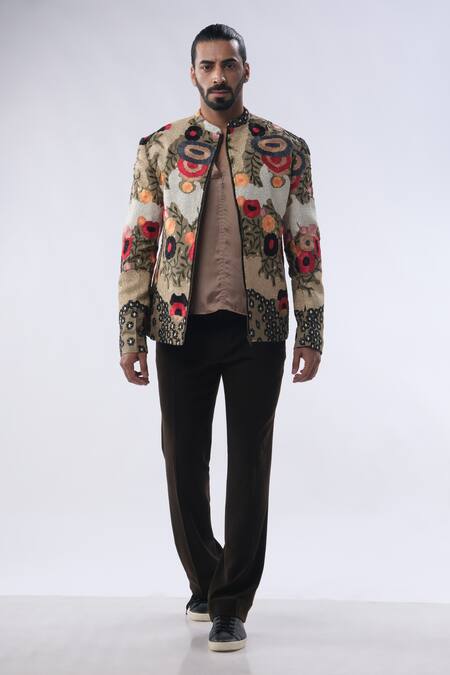 Shop_Kommal Sood_Green Organza Satin And Kupro Abstract Bomber Jacket Trouser Set  _Online_at_Aza_Fashions