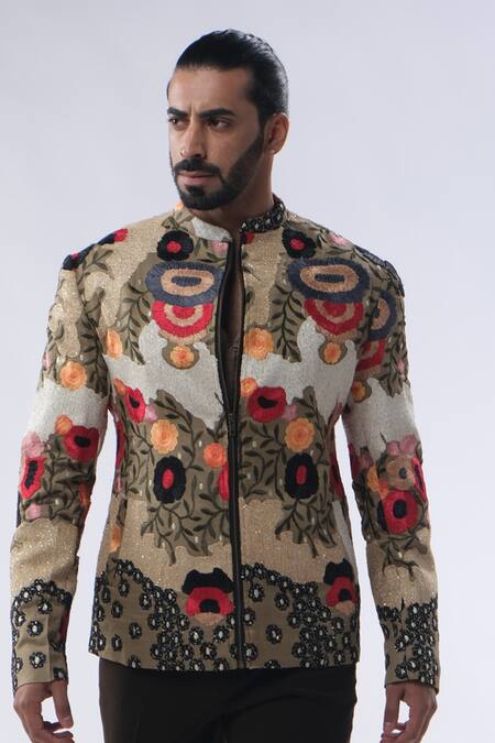 Kommal Sood_Green Organza Satin And Kupro Abstract Bomber Jacket Trouser Set  _at_Aza_Fashions