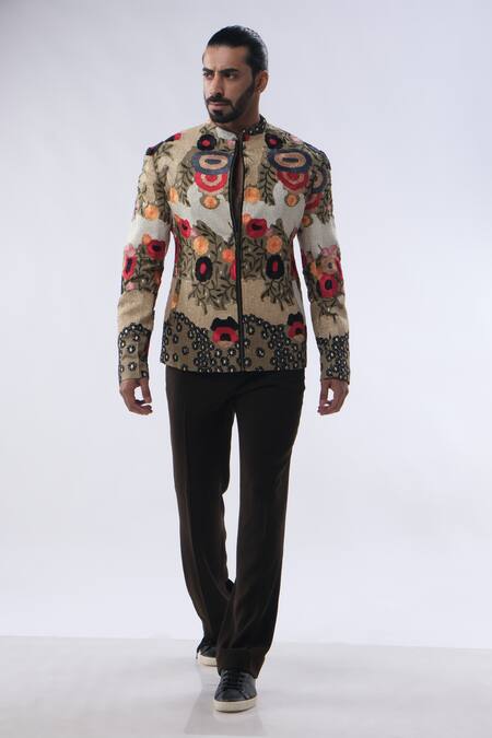 Shop_Kommal Sood_Green Organza Satin And Kupro Abstract Bomber Jacket Trouser Set  