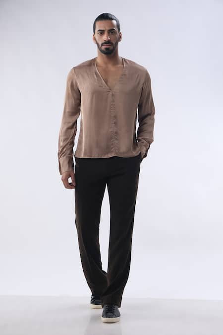 Kommal Sood Gold Satin And Kupro Plain Full Sleeve Shirt With Trouser  