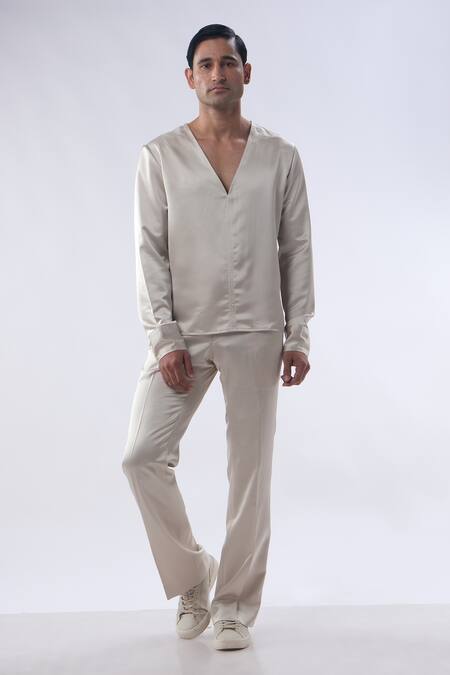 Shop Kommal Sood Gold Satin Plain Full Sleeve Shirt With Trouser Online at Aza Fashions Shop_Kommal Sood_Gold Satin Plain Full Sleeve Shirt With Trouser _Online_at_Aza_Fashions