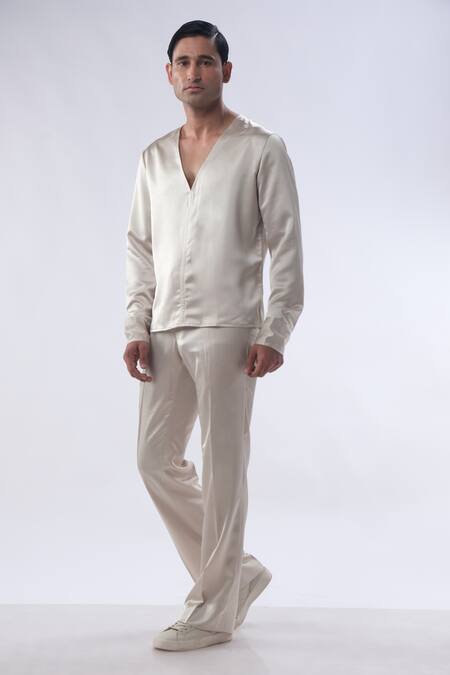 Kommal Sood Gold Satin Plain Full Sleeve Shirt With Trouser at Aza Fashions Kommal Sood_Gold Satin Plain Full Sleeve Shirt With Trouser _at_Aza_Fashions