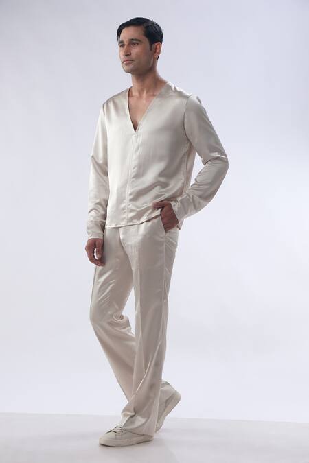 Buy Kommal Sood Gold Satin Plain Full Sleeve Shirt With Trouser Buy_Kommal Sood_Gold Satin Plain Full Sleeve Shirt With Trouser