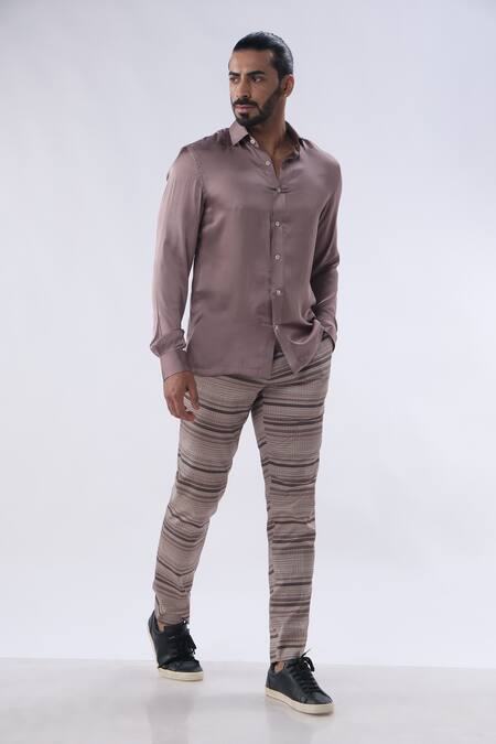 Kommal Sood_Brown Silk Satin And Self Design Pattern Jacket Trouser Set  _at_Aza_Fashions