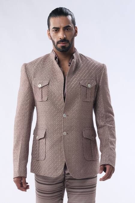 Shop_Kommal Sood_Brown Silk Satin And Self Design Pattern Jacket Trouser Set  