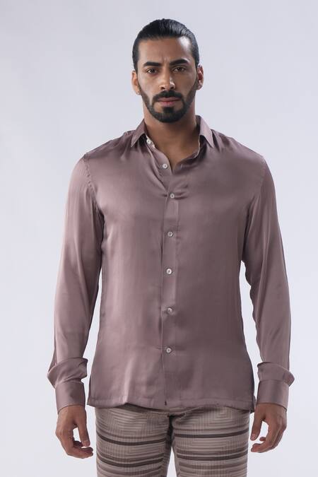 Kommal Sood_Brown Satin And Cotton Striped Trouser Plain Shirt With Pattern  _Online_at_Aza_Fashions