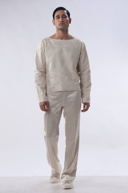 Kommal Sood Gold Satin And Embroidered Silk Geometric Shirt With Trouser Online at Aza Fashions Kommal Sood_Gold Satin And Embroidered Silk Geometric Shirt With Trouser _Online_at_Aza_Fashions