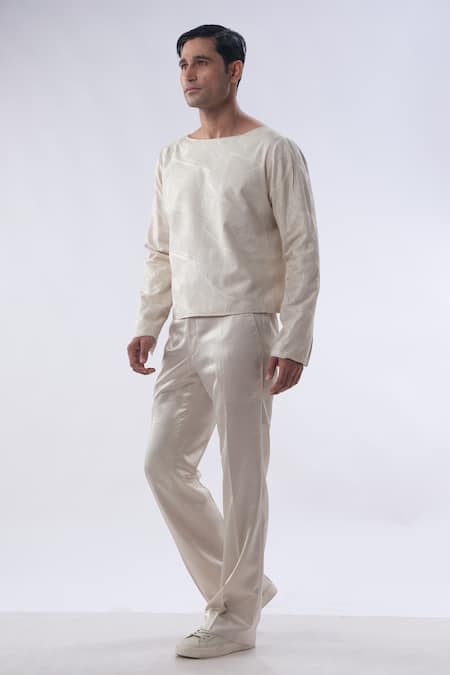 Shop Kommal Sood Gold Satin And Embroidered Silk Geometric Shirt With Trouser Online at Aza Fashions Shop_Kommal Sood_Gold Satin And Embroidered Silk Geometric Shirt With Trouser _Online_at_Aza_Fashions