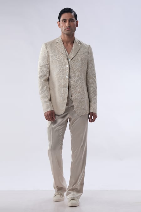 Buy_Kommal Sood_Gold Satin And Embroidered Silk Resham Jacket Trouser Set  _Online_at_Aza_Fashions