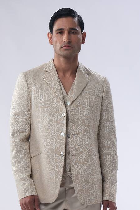 Shop_Kommal Sood_Gold Satin And Embroidered Silk Resham Jacket Trouser Set  _Online_at_Aza_Fashions